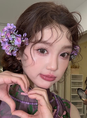 超仙森系紫色绣球花朵侧边夹子田园风外景结婚纱礼服拍照新娘头饰