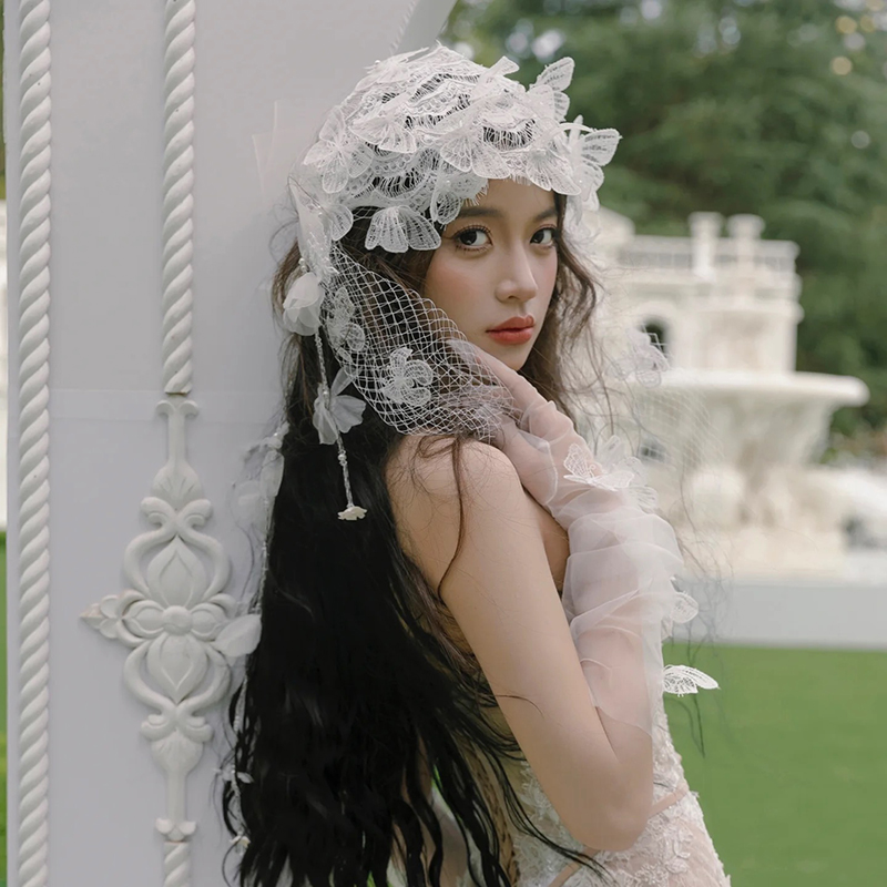新娘头饰复古蕾丝蝴蝶包头纱发带手工仙气帽子跟妆造型样片旅拍