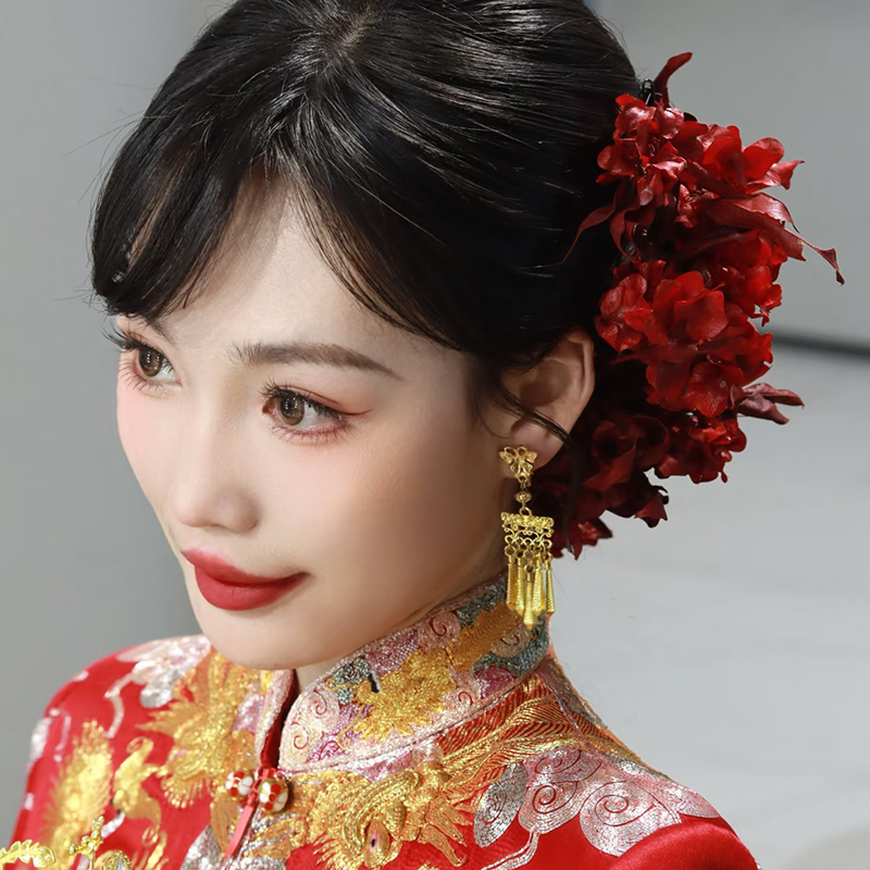 新娘头饰红色干花发夹新中式秀禾服旗袍盘发发饰结婚礼服造型配饰