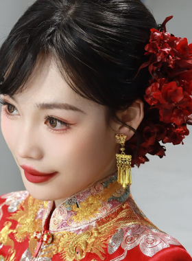新娘头饰红色干花发夹新中式秀禾服旗袍盘发发饰结婚礼服造型配饰