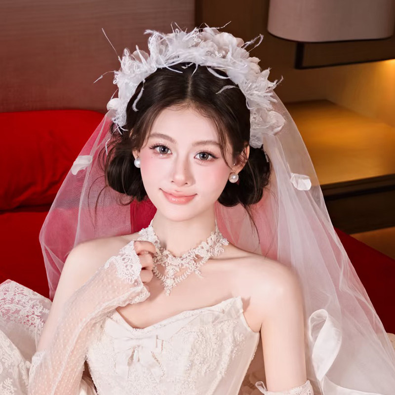 法式超仙蕾丝娟纱花朵发箍仙气羽毛新娘头纱森系婚纱拍照发饰品