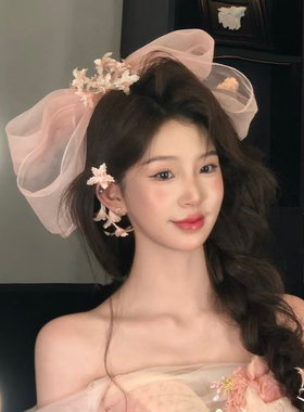 新款森系粉色花朵新娘结婚头饰娟纱大蝴蝶结顶夹婚礼外景旅拍发箍