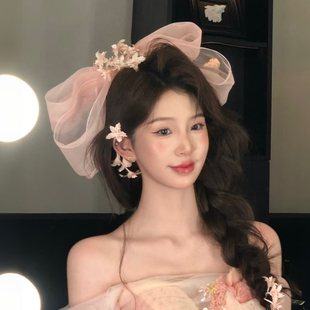 新款森系粉色花朵新娘结婚头饰娟纱大蝴蝶结顶夹婚礼外景旅拍发箍