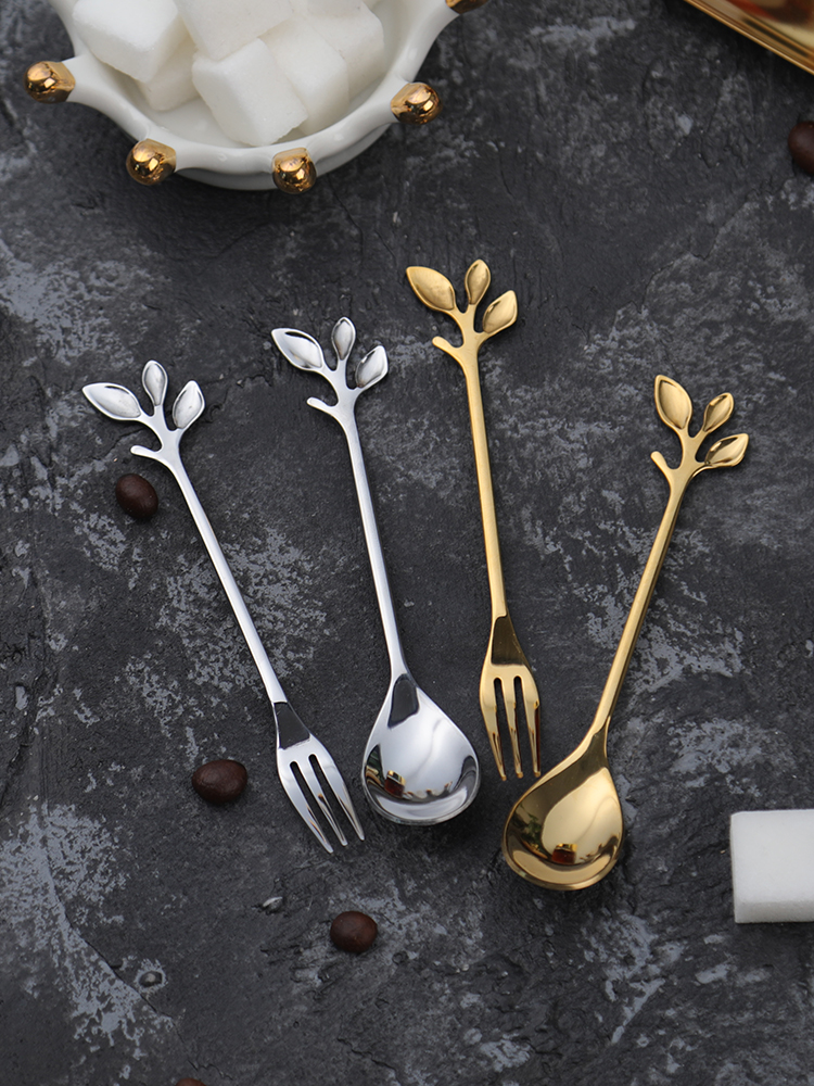 Sok Kitchen Nordic style leaf coffee spoon Dessert fork Gold-plated silver ice cream spoon Fruit fork Creative afternoon tea
