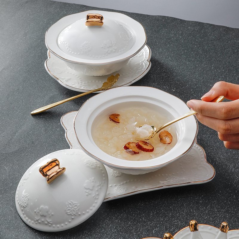 索厨 金边燕窝甜品碗 陶瓷带盖碗糖水银耳碗欧式浮雕宫廷汤盅套装