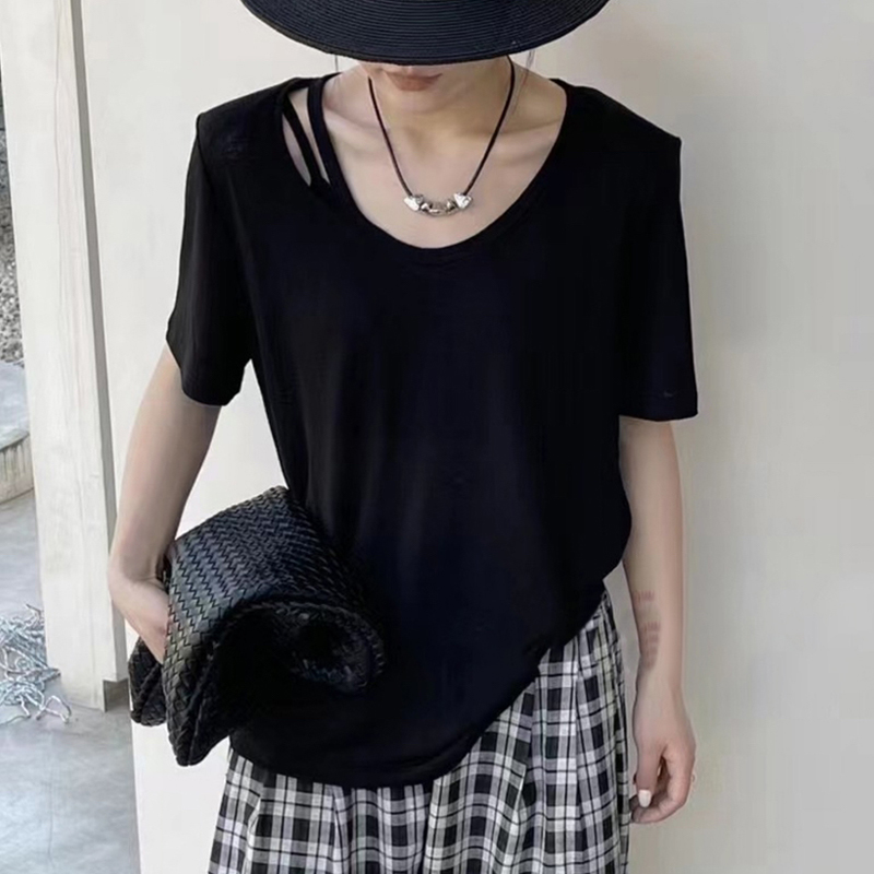 正肩t恤女夏季薄款防晒衫冰丝短袖t恤女大领口镂空直角肩垫肩上衣