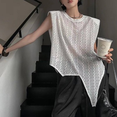 韩版无袖垫肩蕾丝薄款女短款宽松