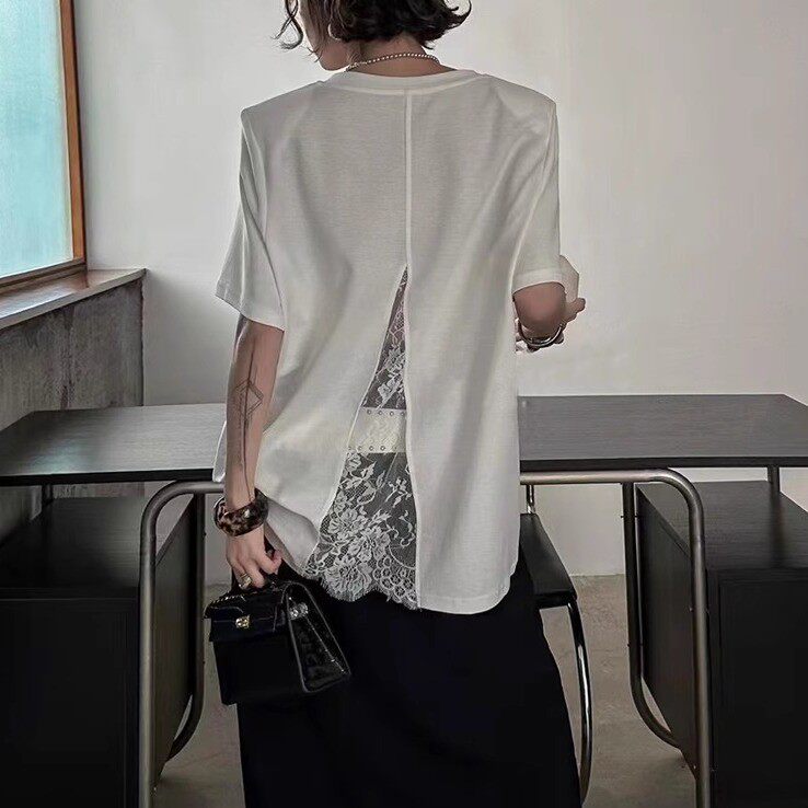 短袖t恤女宽松后背开叉蕾丝拼接V领垫肩上衣棉大领口中袖正肩t恤