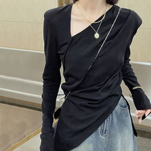 黑色长袖打底衫女秋冬纯棉修身内搭设计感小众不规则开叉垫肩t恤