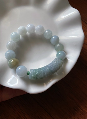 天然a货翡翠灰紫万贯回文雕刻福弯管手牌大卡圆珠转运圆珠手串链