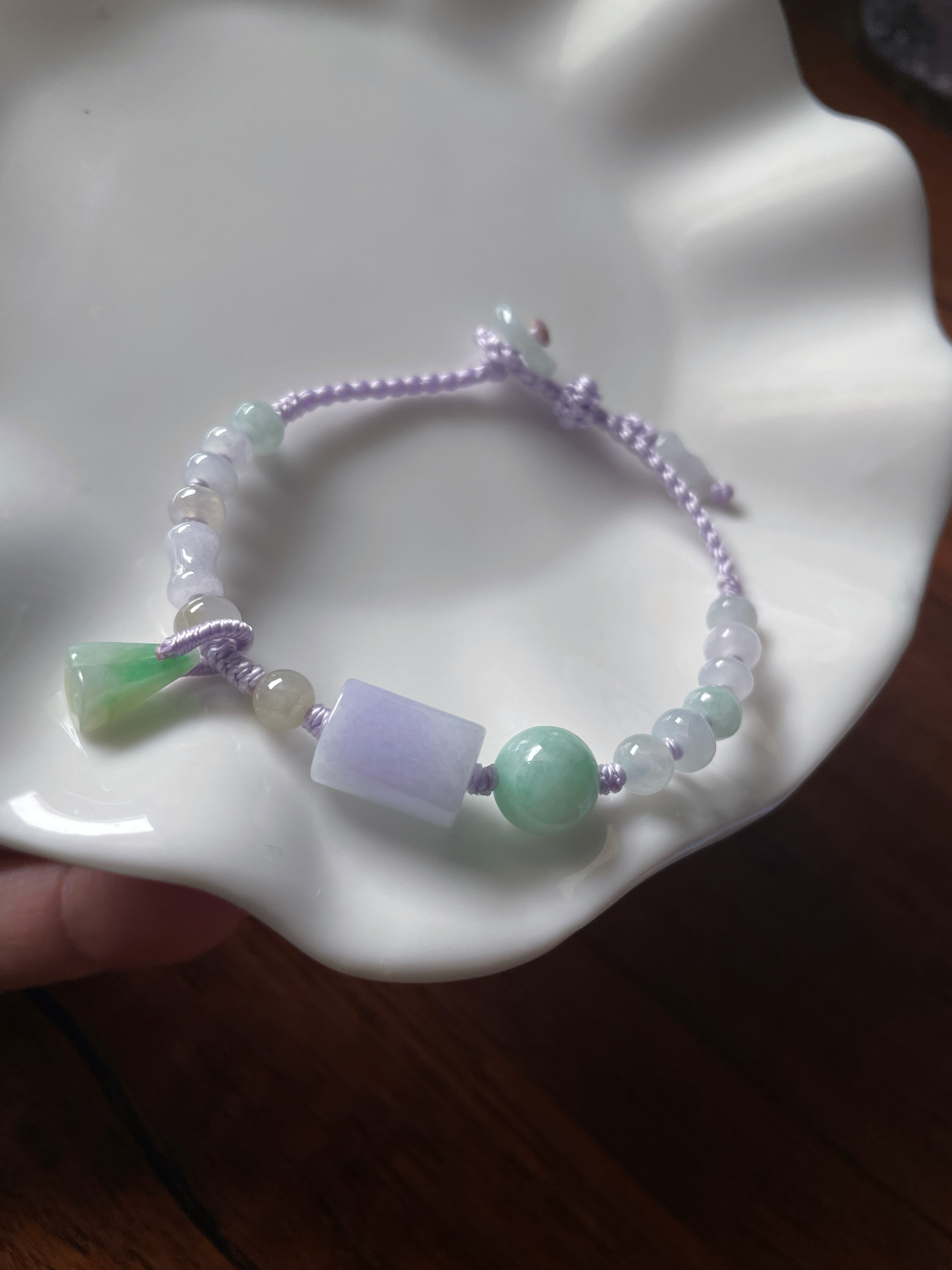 天然a货翡翠浅紫底路路通转运飘绿圆珠桶珠葫芦好运莲蓬手绳手链