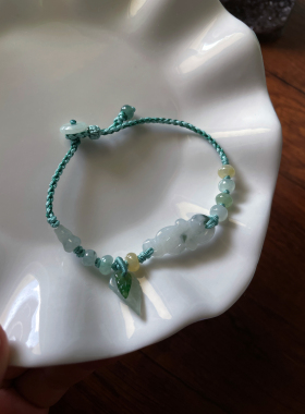 天然A货翡翠玉石飘花祥云吉祥如意福禄葫芦叶子平安扣编织手绳链
