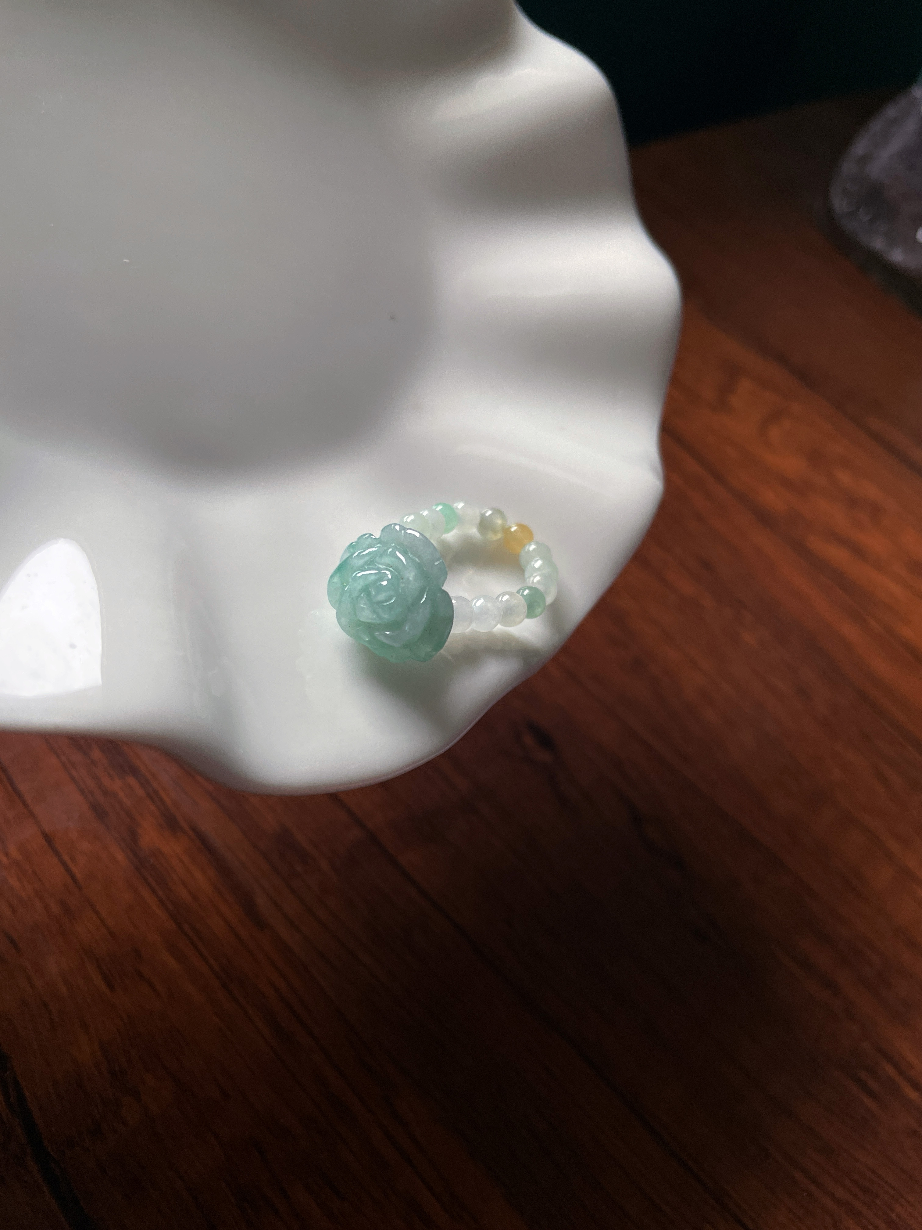 天然翡翠A货玉玫瑰花戒指手工小米珠串编织戒指食指女款指环国风