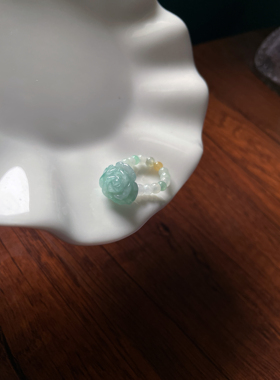 天然翡翠A货玉玫瑰花戒指手工小米珠串编织戒指食指女款指环国风