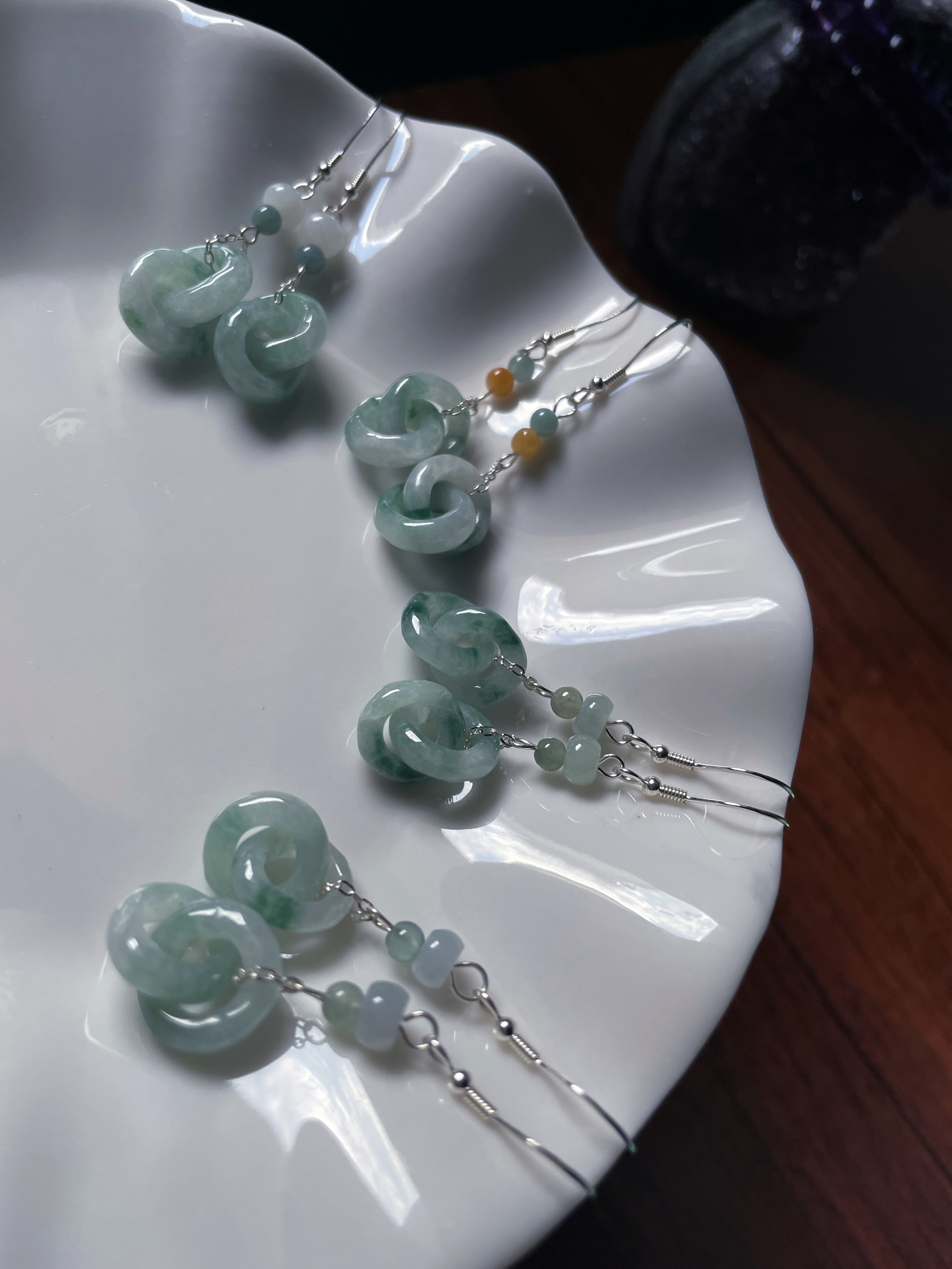 天然a货翡翠飘花绿环环相扣甜甜圈925银耳环中式旗袍汉服耳饰耳钩