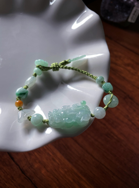 天然A货翡翠招财守财生意兴隆如意貔貅有钱币花平安扣多宝手绳链