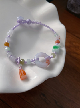 特色天然翡翠A货洒金小甜甜圈平安扣玉环莲蓬手工调节浅紫手绳链