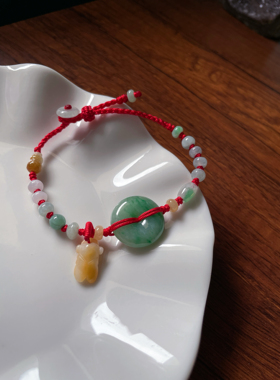 天然a货翡翠飘绿玉扣平安扣福禄葫芦蝉知了好运成人儿童红手绳链