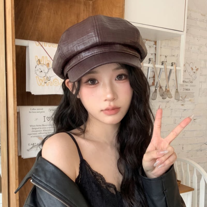 显脸小PU皮英伦女报童帽春秋款