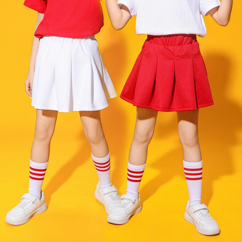 儿童短裙演出女童裙子白色半身裙夏季防走光小学生校服红色百褶裙