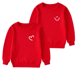 儿童演出服笑脸女童加绒卫衣男童春秋薄款亲子装小学生白红色上衣