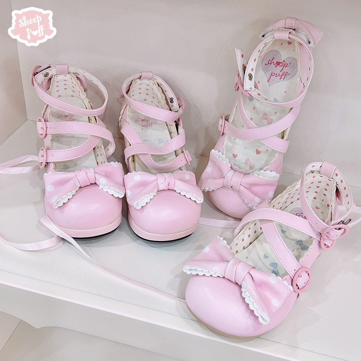 【定金九团】波板糖粉色中低跟 绵羊泡芙Lolita波点蝴蝶结单鞋