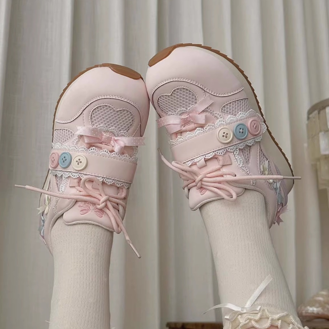 【现货】lo跑小纽扣运动鞋厚底可爱圆头萌系绵羊运动原创暴走跑步