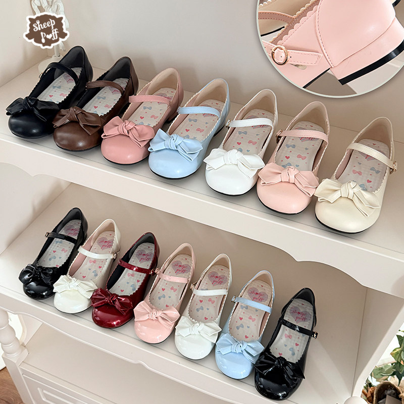 【定金】有点圆包跟低跟 哑光亮皮绵羊泡芙Lolita蝴蝶结低跟单鞋