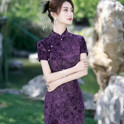 紫色旗袍2025夏季新款高端贵夫人