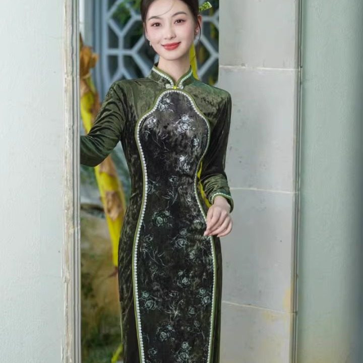 丝绒旗袍高档气质修身日常连衣裙