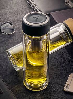 万象玻璃杯双层带盖男女士透明杯子耐热商务车载水晶泡茶杯V20V21