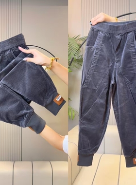 2025秋冬新款加厚灰色灯芯绒哈伦裤女高腰弹力显瘦慵懒风休闲裤子
