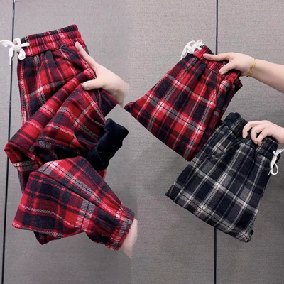 高腰显瘦红色格子裤百搭