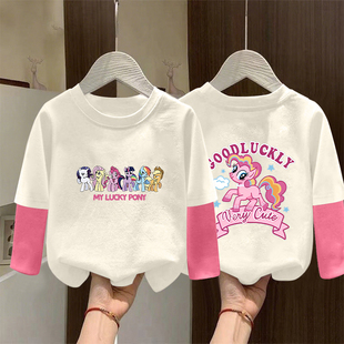 纯棉舒适假两件打底T恤 韩茵热销甜美春秋潮童简约潮流印花长袖