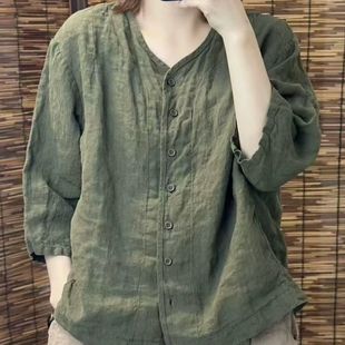 夏季 女文艺休闲气质百搭单排扣T恤上衣女 新款 纯色棉麻圆领衬衫