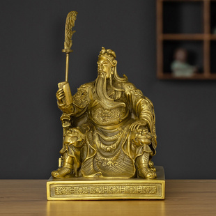 黄铜春秋关公关二爷家用客厅桌面中式摆件武财神关帝圣君铜像