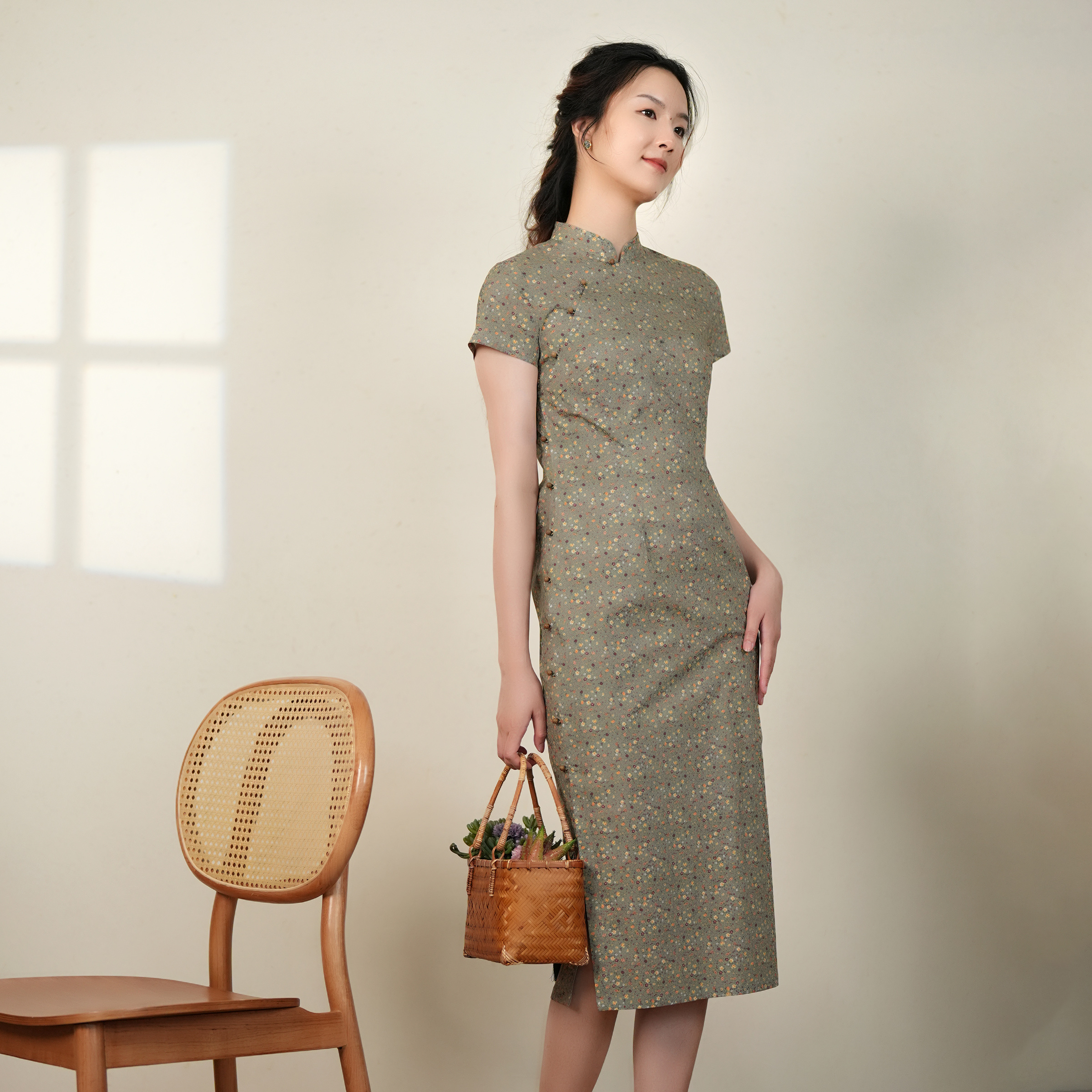 旗袍碎花木扣百搭布符