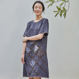 洋气气质优雅休闲拼贴圆领连衣裙女 我布春夏原创宽松时尚