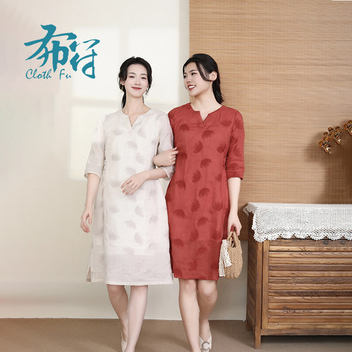 苎麻纯色刺绣中式直筒版型