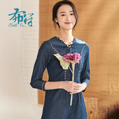 收腰复古气质修身 布符绣花长袖 中长款 连衣裙女