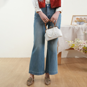 布符新中式「浅兰牛仔微喇裤」2026年春季新品显瘦阔腿女士休闲裤
