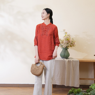 刺绣衬衫 故宫红立领七分袖 莱赛尔面料有里布 新款 布符春季