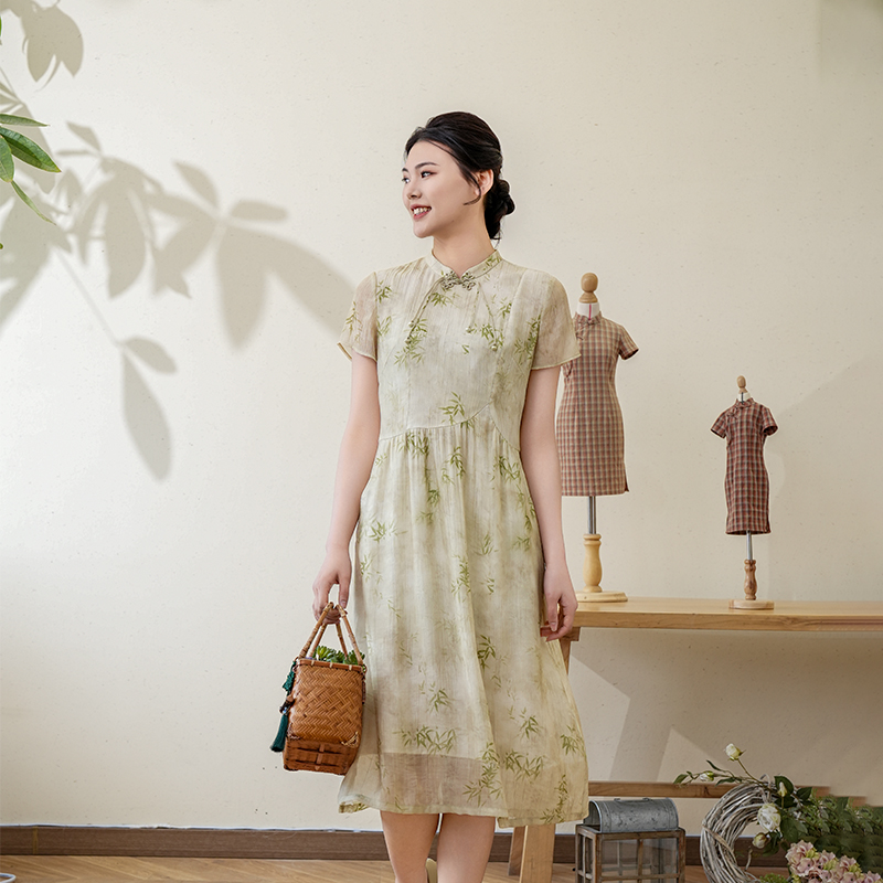 旗袍领连衣裙长裙小清新布符