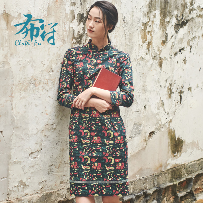 布符印花长袖中式原创日常收腰修身旗袍女