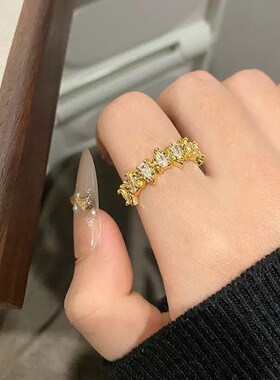 vintage中古拉丝戒指复古满钻气质高级感轻奢珠边蕾丝竹节排戒女