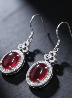 酒红宝石镶钻耳坠 轻奢小众设计感耳环 显气质宴会女耳饰高级感