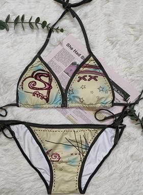 分体泳衣系带度假海岛温泉印花撞色内搭比基尼分体Y2K绑带比较难