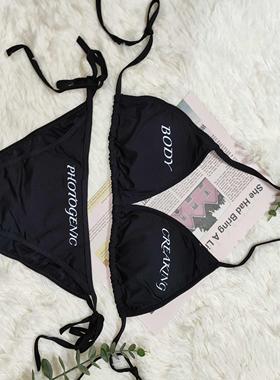ROY11辣妹海滩性感简约挂脖系带比基尼套装白色印花海边内衣女新
