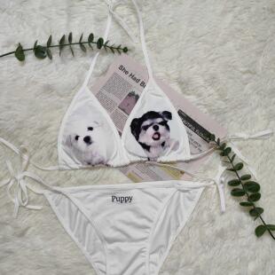 多巴胺少女超级可爱纯欲性感甜美图案比基尼套装 高级感绑带游泳衣