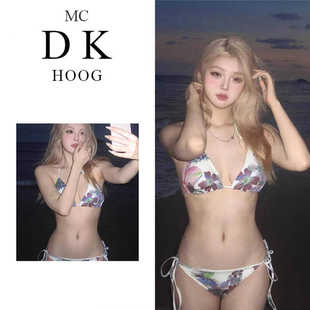 2024新款 女士沙滩挂脖游泳衣 欧美性感比基尼系带印花跨境分体泳装